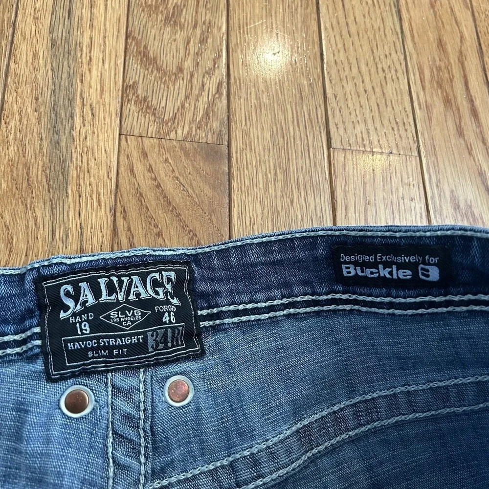 Salvage by Buckle Havoc Slim Straight Mens Jeans Size 34R Blue Distressed FLAWS‎